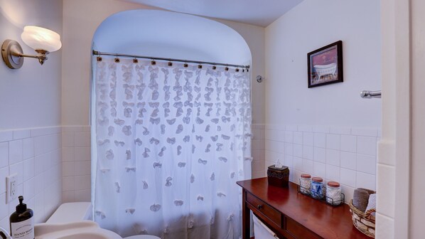 Une salle de bain avec un rideau de douche, un distributeur de savon liquide et un tableau encadré au mur.