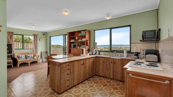 Fridge, microwave, toaster, cookware/dishes/utensils