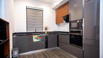 Executive Apartment | Private kitchen | Full-size fridge, microwave, oven, stovetop