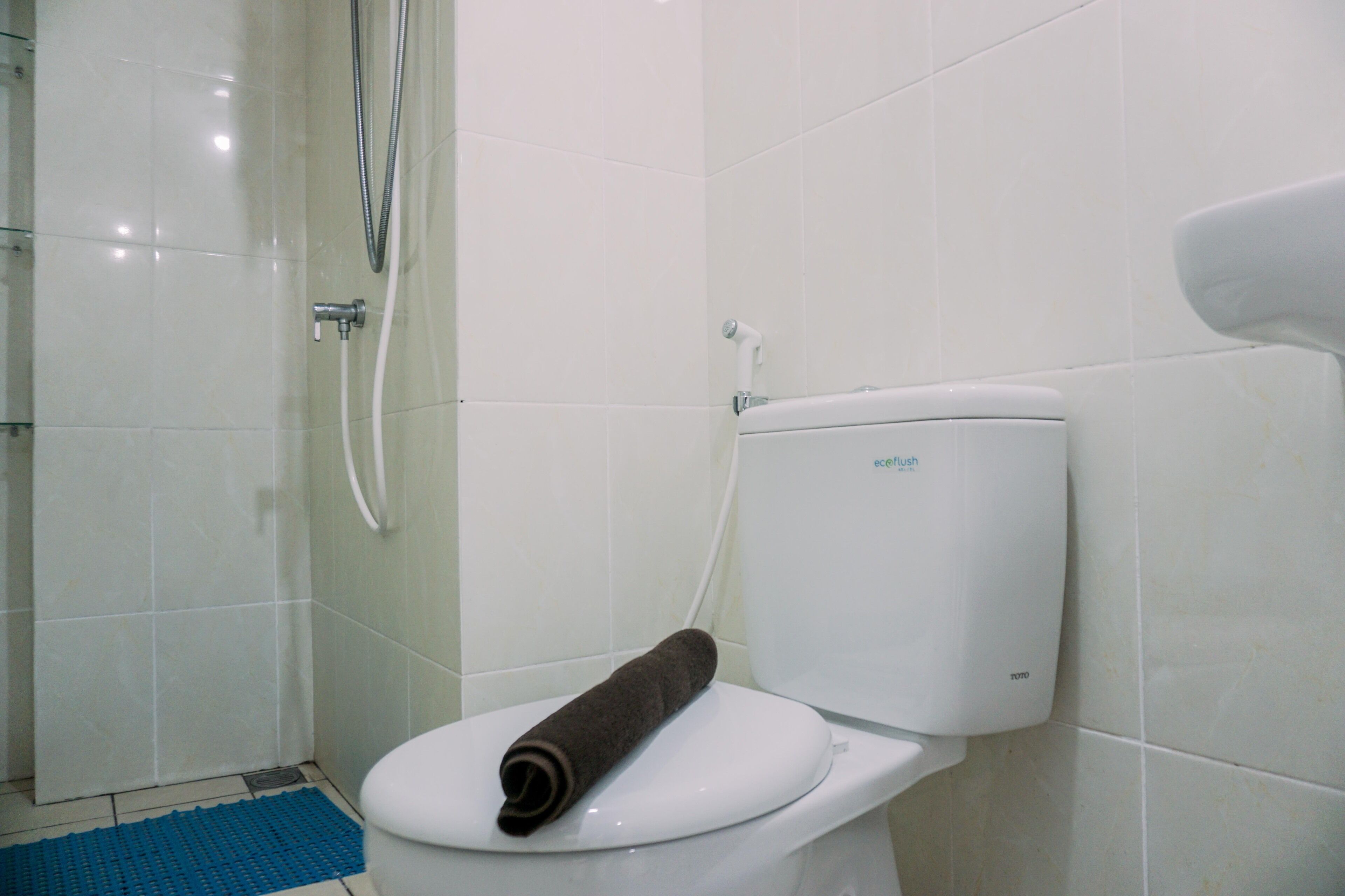 A bathroom with a toilet, a shower, and a blue mat on the floor.