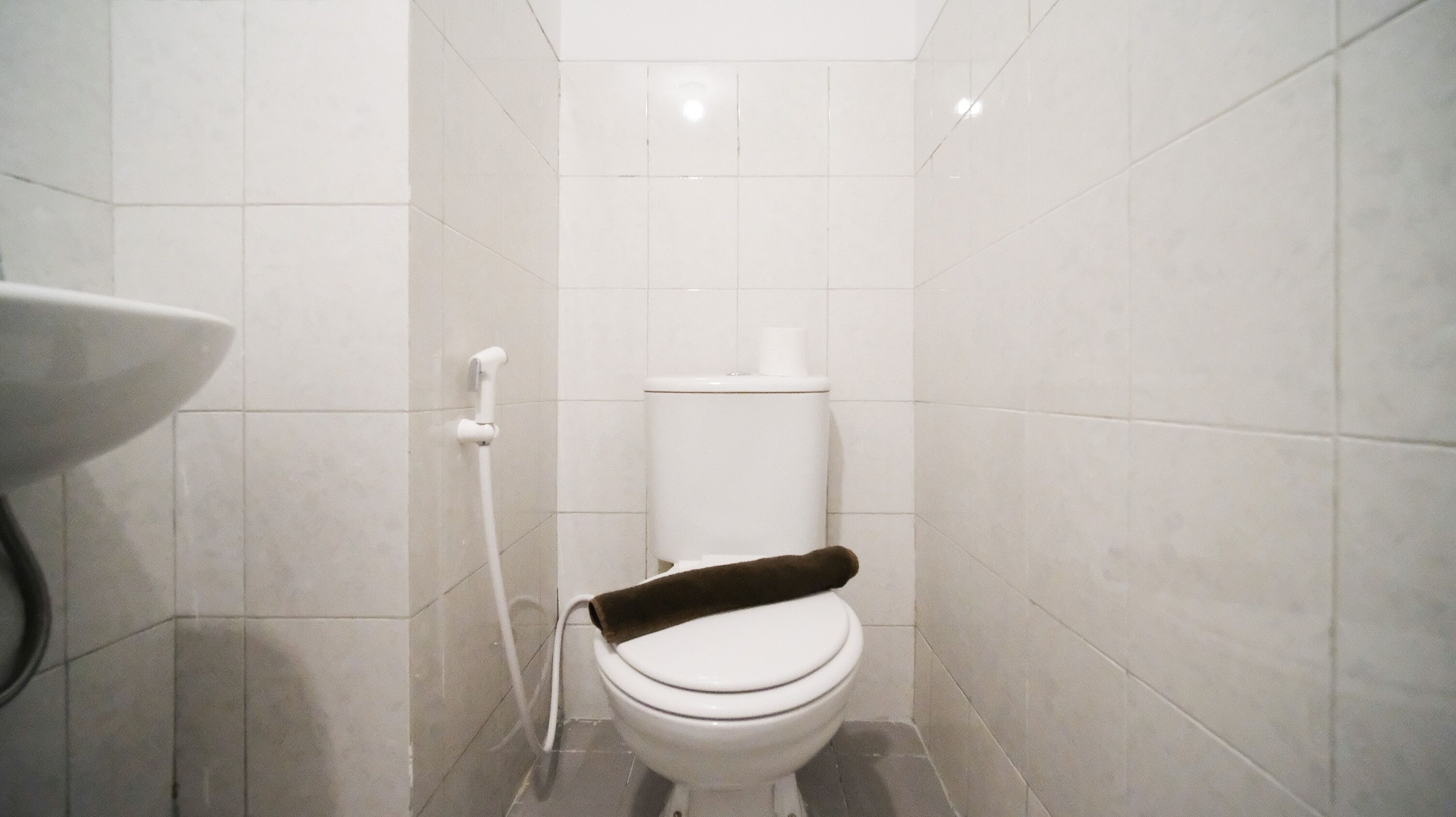 Un baño pequeño y blanco con inodoro, lavamanos blanco y ducha.