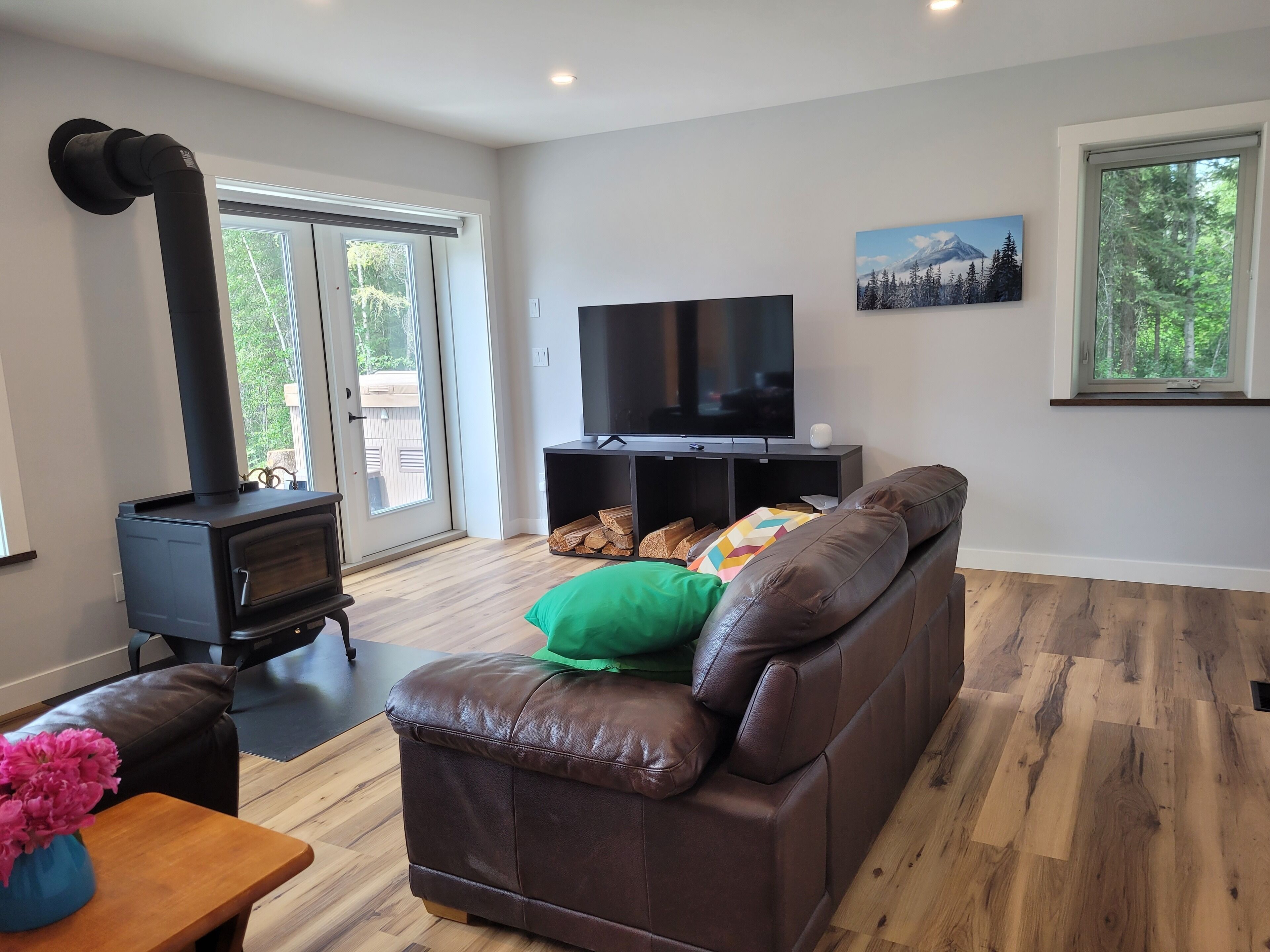 A living room with a brown leather sofa, a television, a black wood-burning stove, and a window with a view of trees.