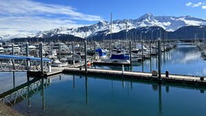 A marina with boats docked, a pier, and snow-capped mountains in the background.