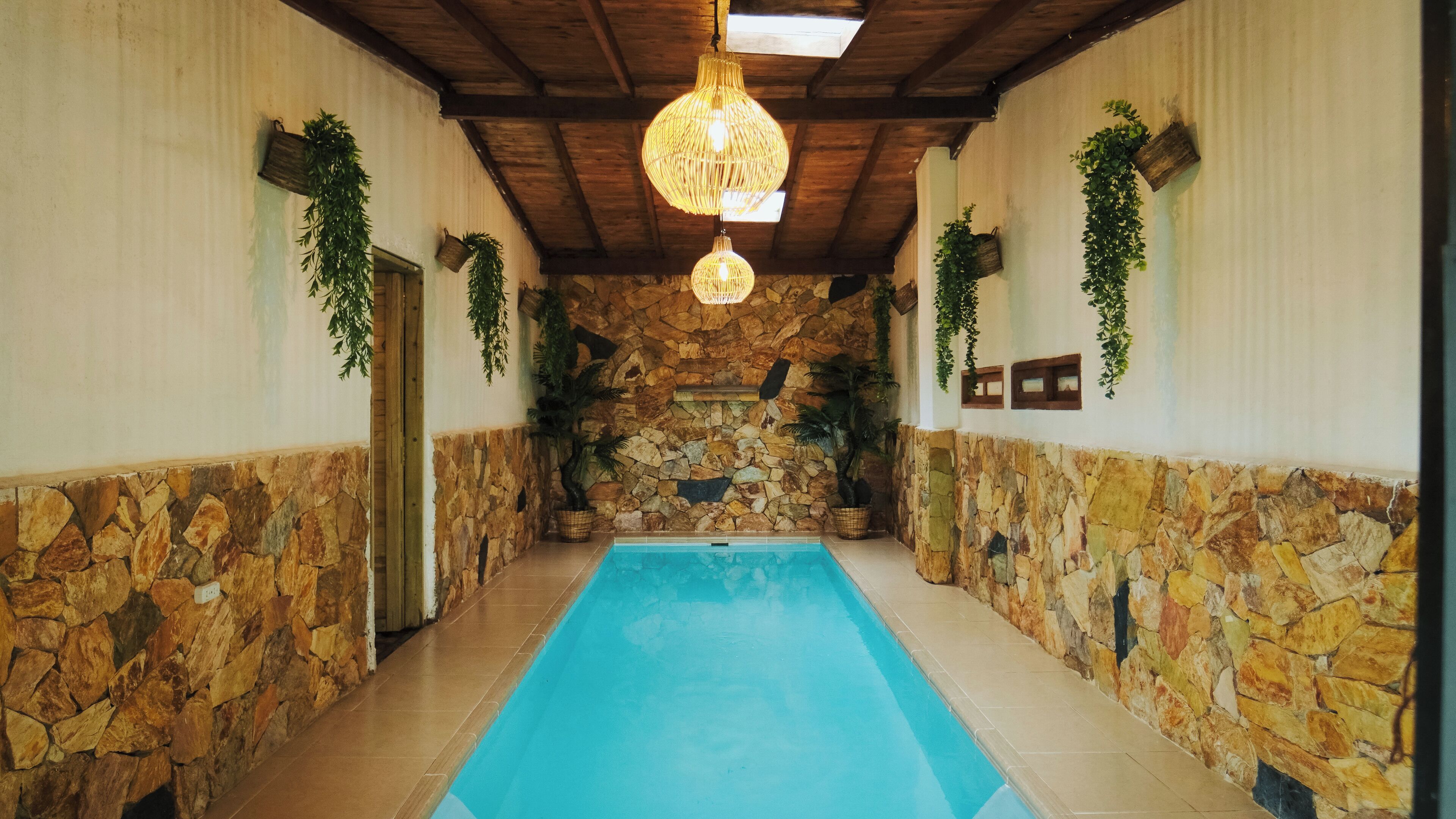 Una piscina con paredes de piedra y plantas colgantes.