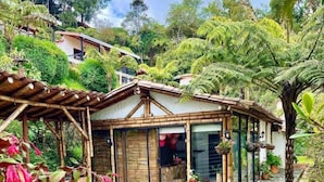 A rustic wooden house with a stone patio, surrounded by lush greenery and a stone pathway.
