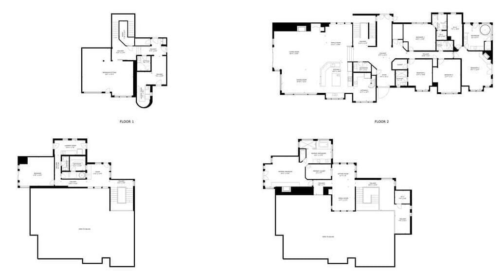 Floor plans of a hotel with multiple rooms and common areas.