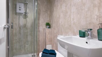 Shower, towels, toilet paper