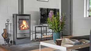 Una sala de estar acogedora con una estufa de leña, un televisor de pantalla plana sobre un mueble bajo y una planta en maceta.