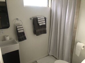 Shower, hair dryer, towels, soap