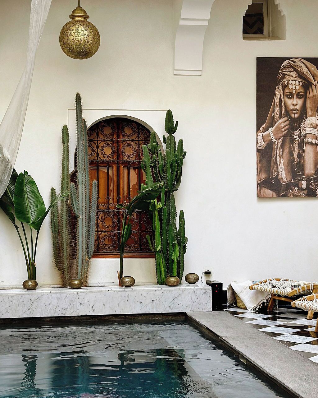 Una zona de piscina con un muro decorativo, cactus y un colgante luminoso.