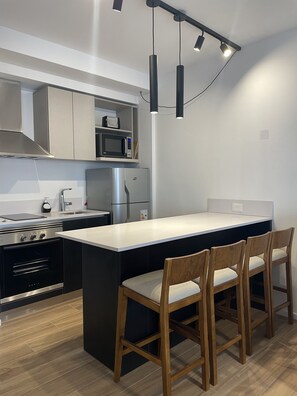 家庭开间, 1 张大床和 1 张沙发床 | 私人厨房 | 大冰箱、微波炉、烤箱、烤面包机