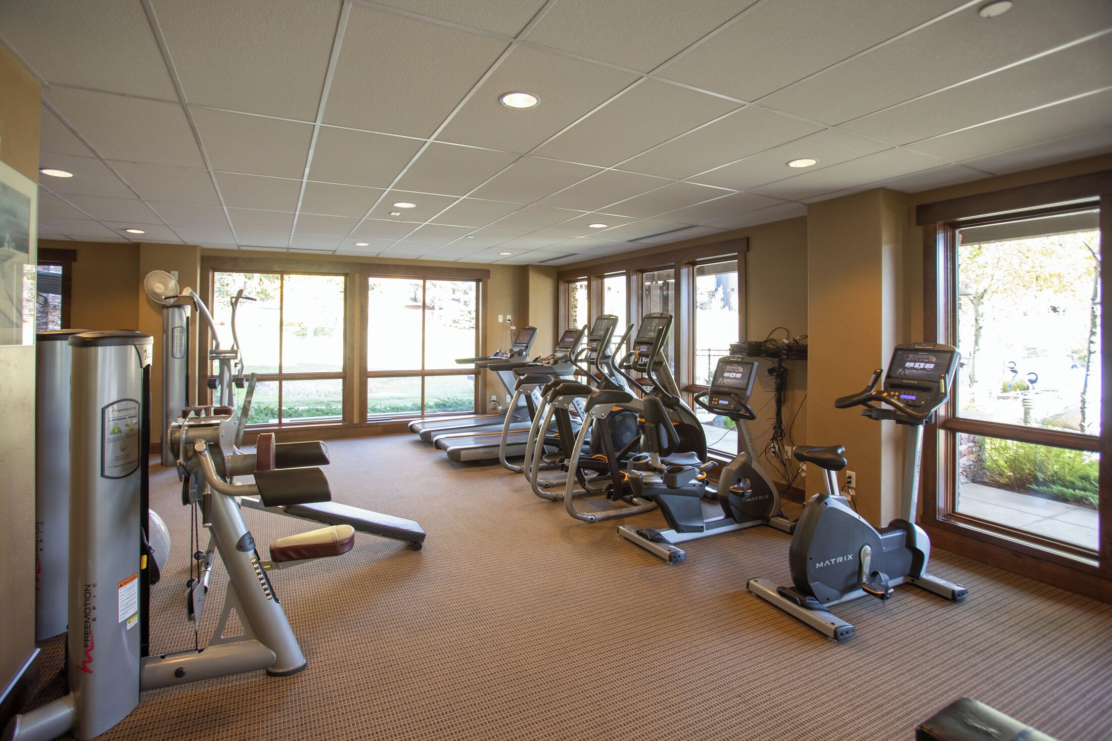 A gym with treadmills, elliptical machines, and weight machines.