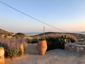 A stone pathway leading to a large terracotta pot, surrounded by cacti and shrubs, overlooking a coastal landscape with hills and a clear sky.