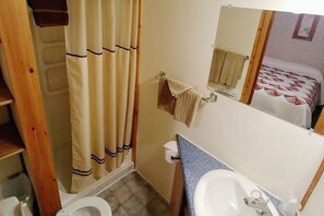A bathroom with a toilet, sink, and shower curtain.