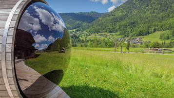 A wooden structure with a reflective surface, a grassy field, and a mountainous landscape with houses in the background.