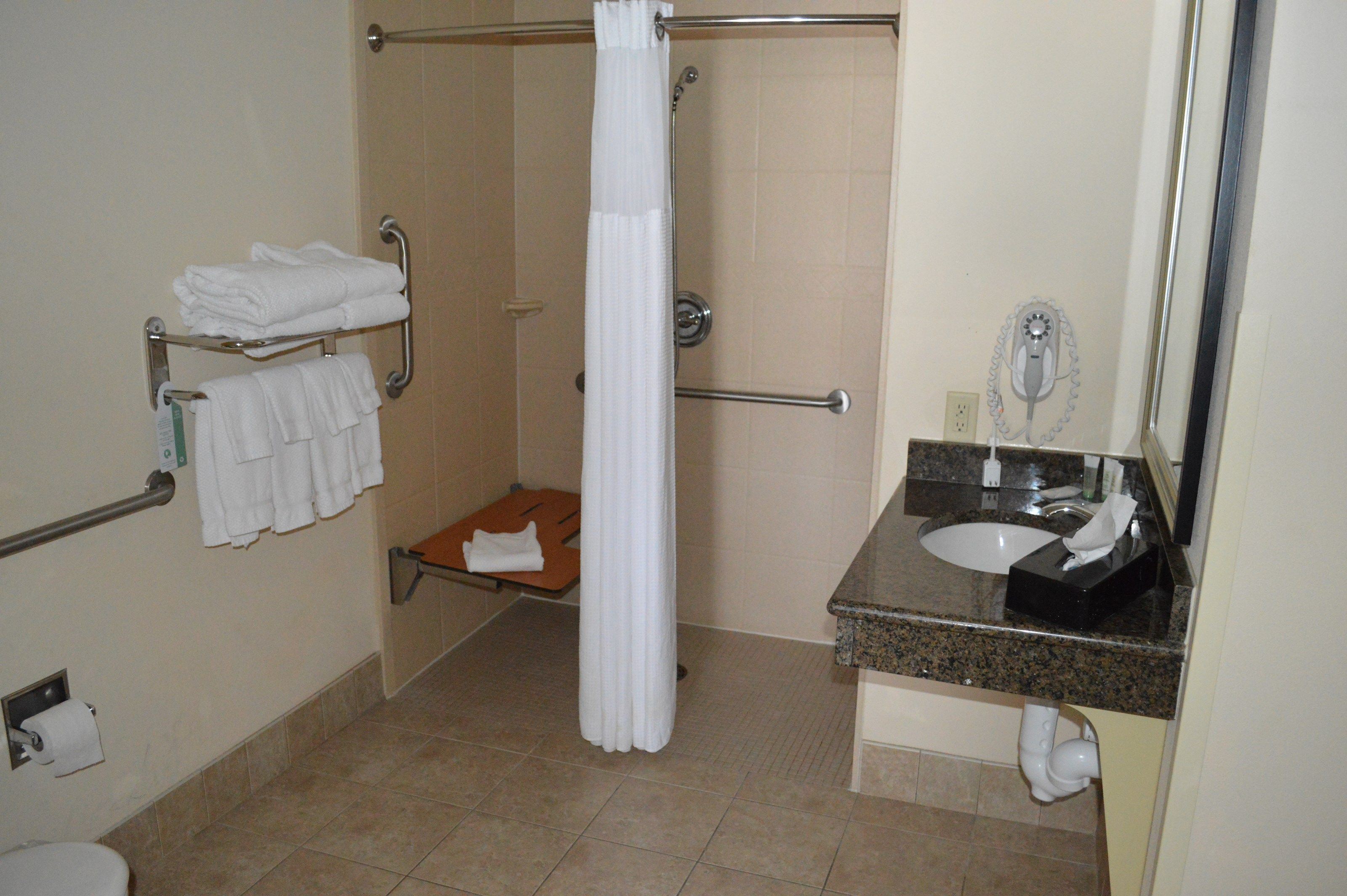 Une salle de bain avec douche, toilettes et lavabo.