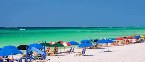 Una playa con filas de tumbonas y sombrillas, un cielo azul despejado y el océano al fondo.