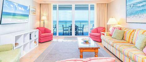 Condo, Multiple Beds, Balcony, Ocean View (Beachfront Bliss at Shoreline Towers ) | Living area | 41-inch flat-screen TV with digital channels