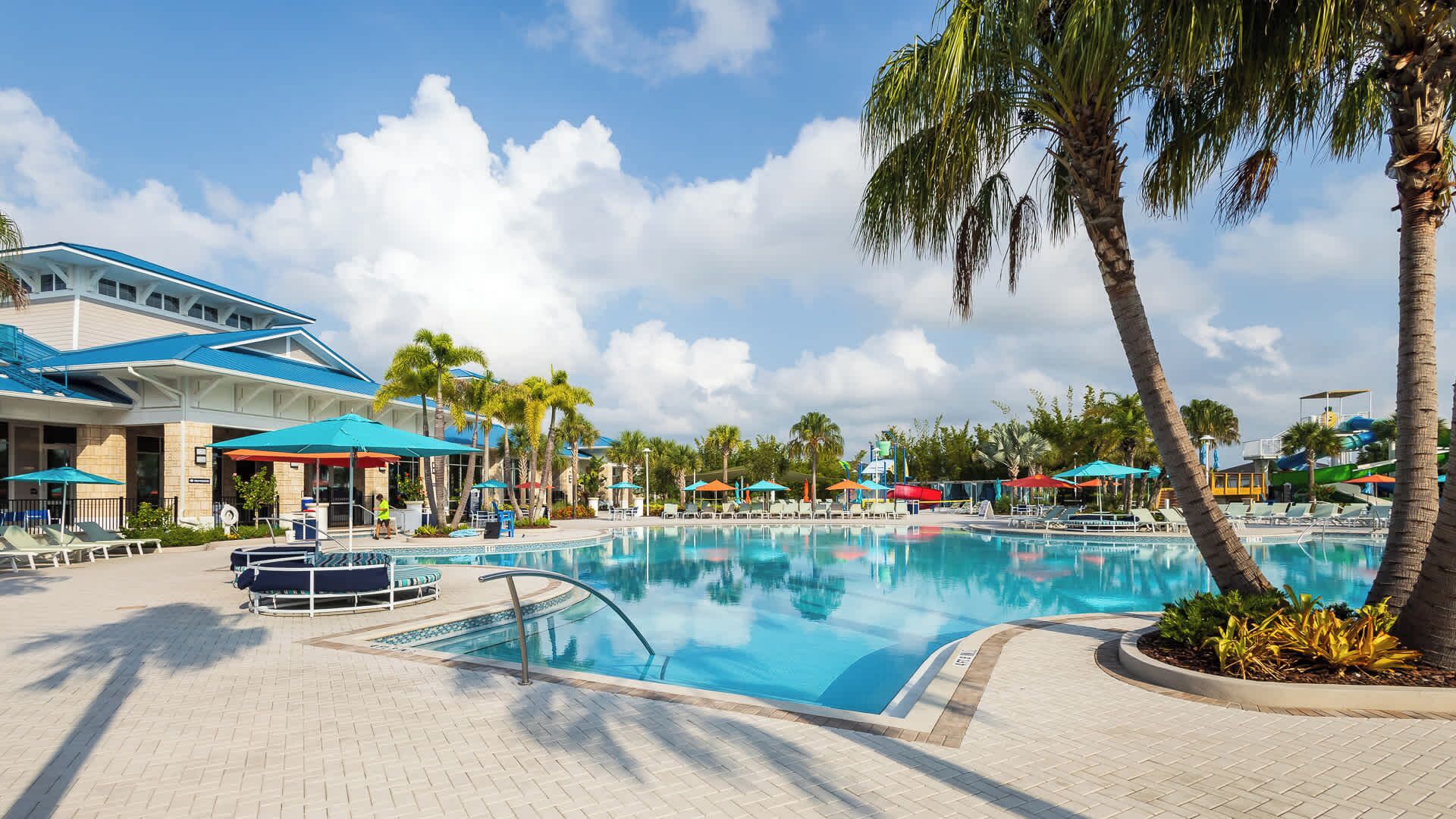 Outdoor pool, pool umbrellas, sun loungers