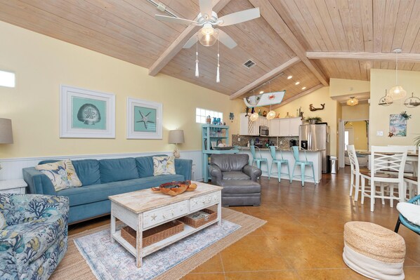 House, Multiple Beds, Patio (Mango Bungalow) | Living area | 55-inch flat-screen TV with digital channels