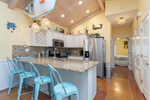 House, Multiple Beds, Patio (Mango Bungalow) | Private kitchen | Fridge, microwave, oven, stovetop - Mango Bungalow Sleeps 8 2 Community Pools (Port Aransas)