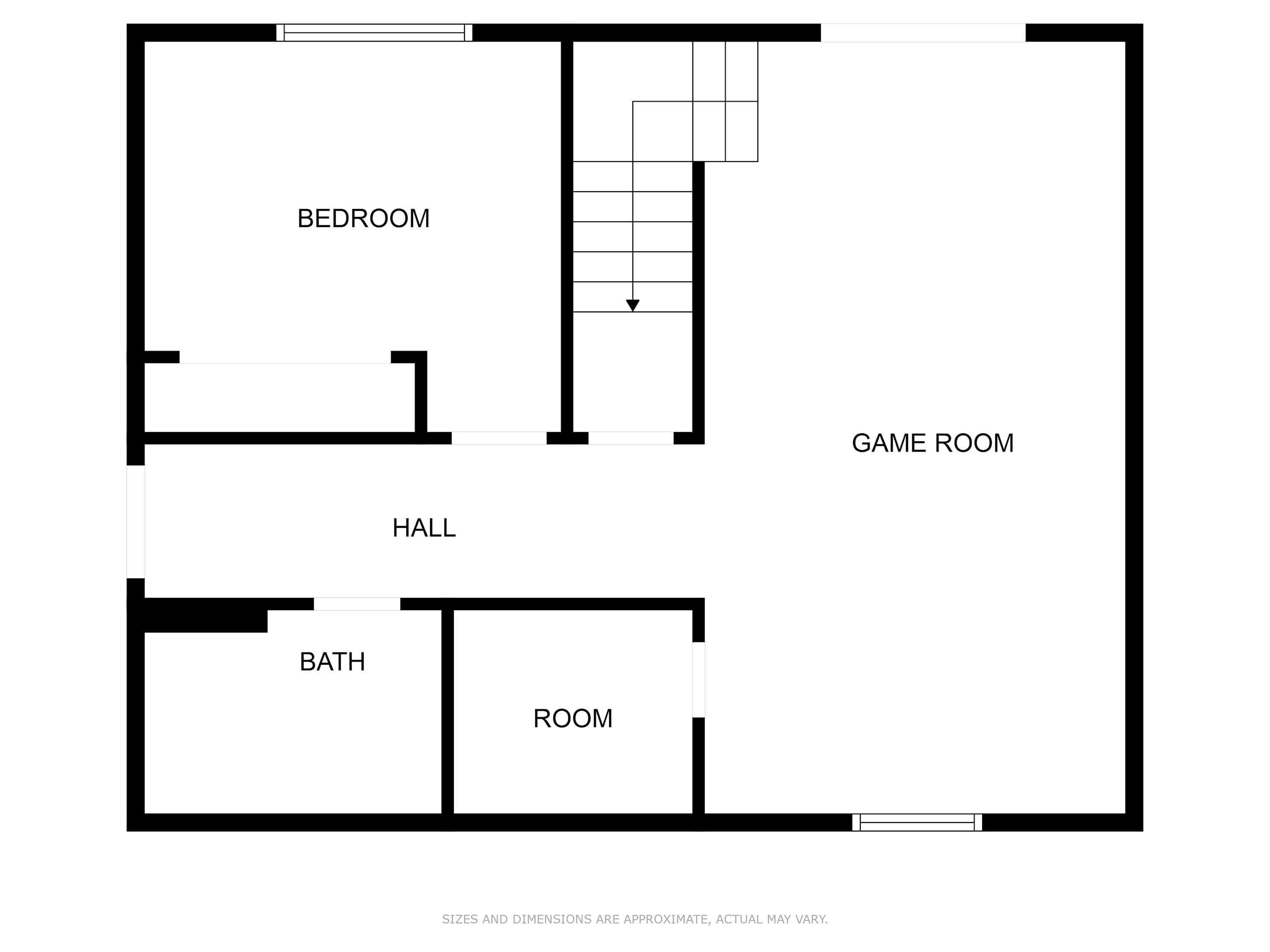 A floor plan with a bedroom, game room, hall, bathroom, and room.