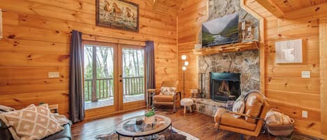 Cabin, Multiple Beds, Hot Tub, Mountain View (Whippoorwill Walkabout) | Living area | 50-inch flat-screen TV with digital channels, fireplace