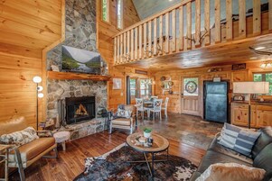 Cabin, Multiple Beds, Hot Tub, Mountain View (Whippoorwill Walkabout) | Living area | 50-inch flat-screen TV with digital channels, fireplace
