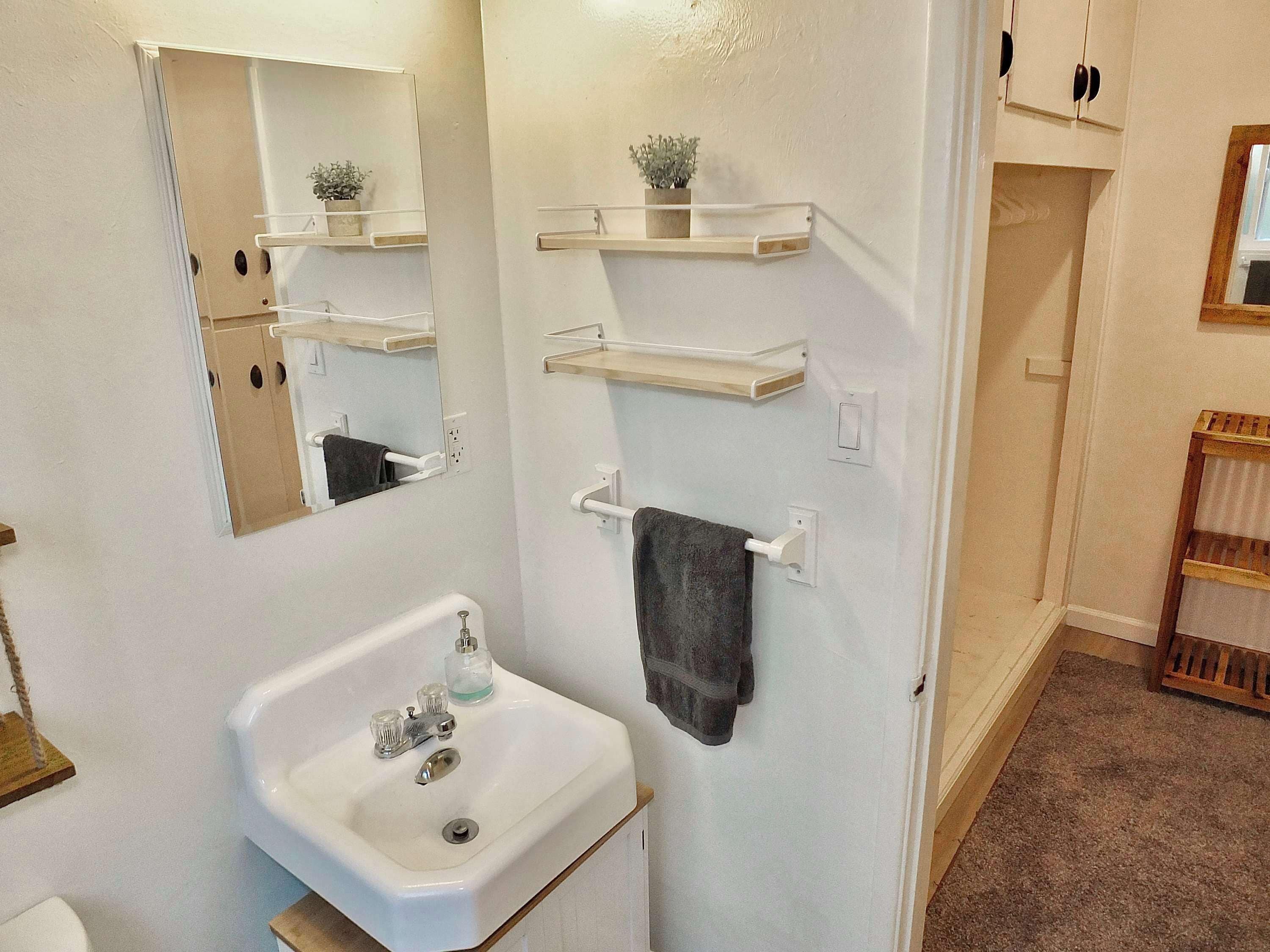 A bathroom with a white sink, mirror, and two wall-mounted shelves with potted plants.