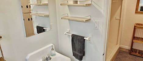 A bathroom with a white sink, mirror, and two wall-mounted shelves with potted plants.