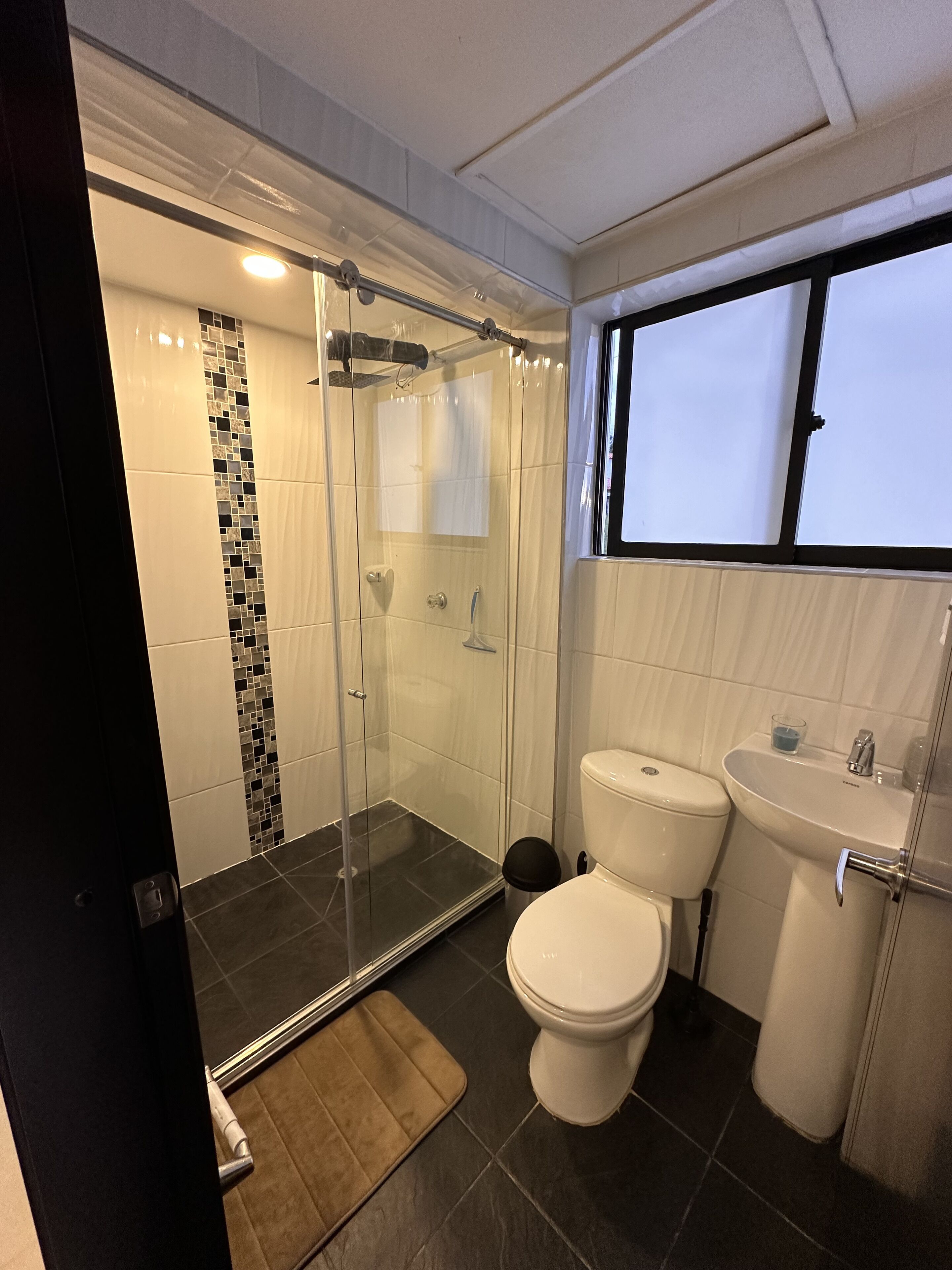 Douche, serviettes fournies, papier toilette