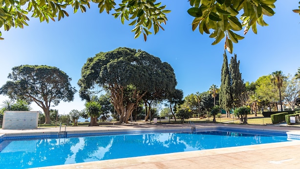 A swimming pool surrounded by trees and a clear blue sky. - Holidays2Arroyo de la Miel Hercules (Benalmádena)