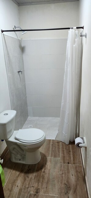 Shower, towels, soap, toilet paper