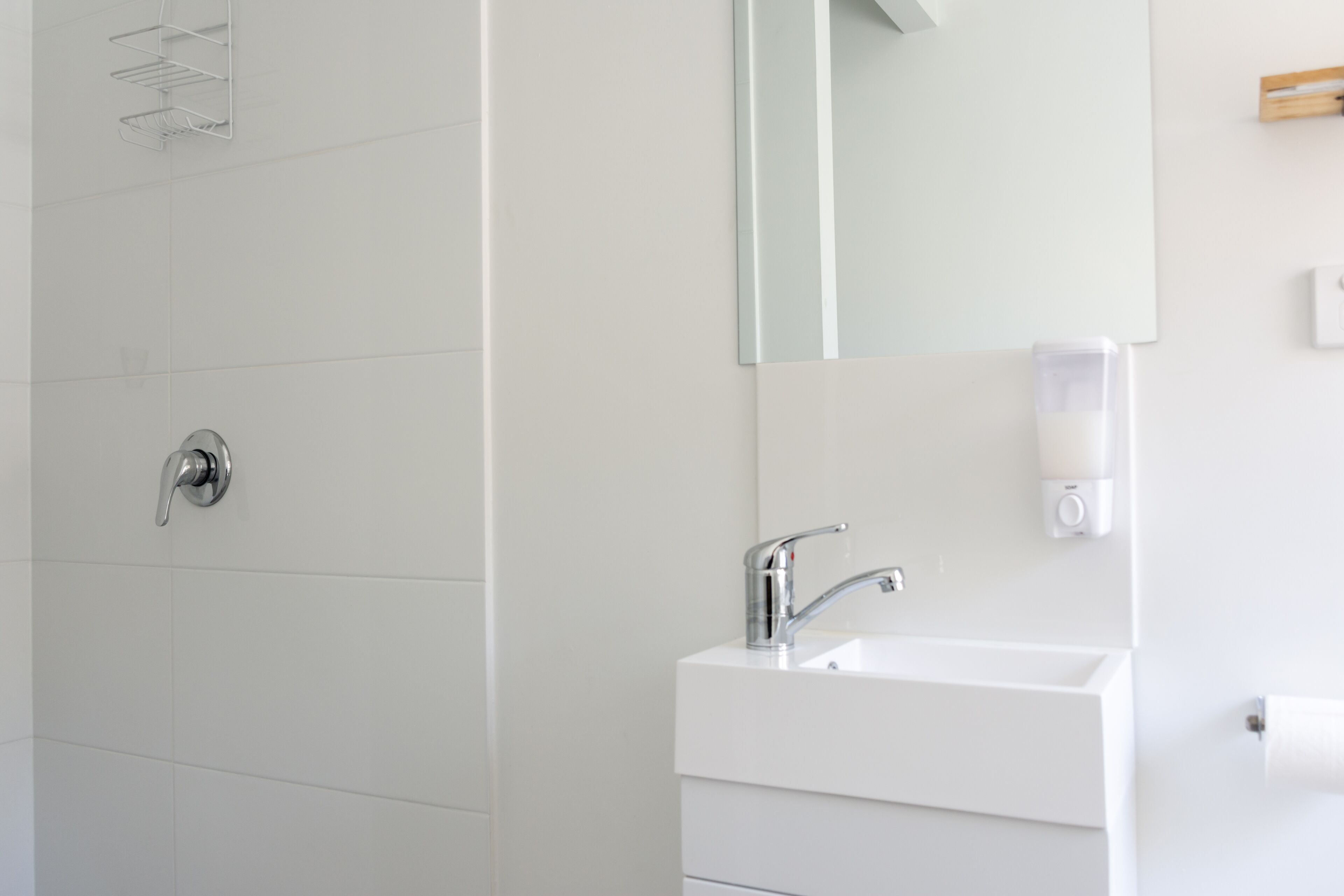 A modern bathroom with a shower, a sink, and a mirror.