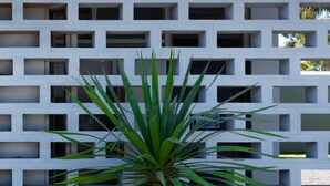 A white concrete wall with rectangular openings and a green plant in the foreground. - Motel on Becker (Tintinara)