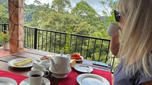 A person seated at a wooden table with a red tablecloth, enjoying a meal with a view of lush greenery and a partly cloudy sky. - HERITAZ VILLA ELLA (Ella)