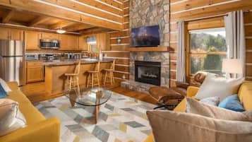 Smart TV, fireplace, books