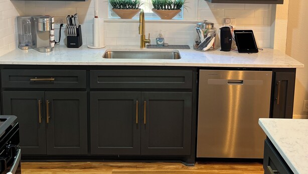 A modern kitchen with dark cabinets, a stainless steel dishwasher, and a window with plants. - Cozy house in Bishop District (Dallas)