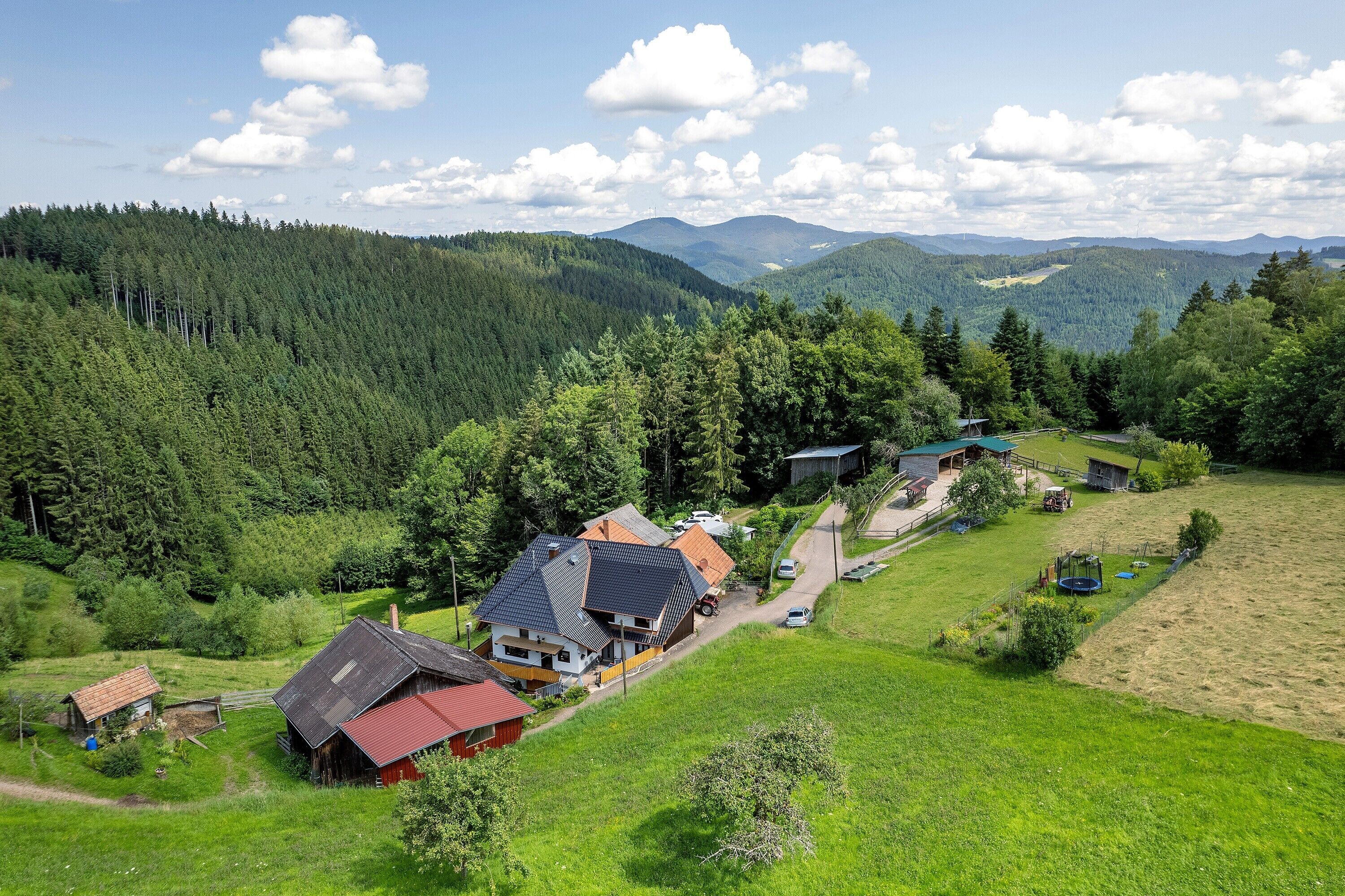 A rural house with a red roof, surrounded by green fields and a forested mountain backdrop.