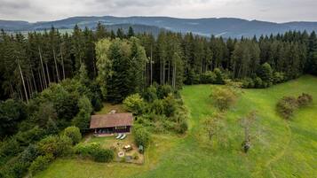 Et hus omgivet af skov med udsigt til fjerne bjerge.