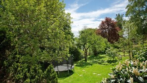 A garden with a trampoline, surrounded by lush greenery and trees. - Holiday Home 'Ferienhaus Auszeithaus' with Private Terrace, Private Garden and Wi-Fi (Zell/Ebenhausen)