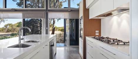 A modern kitchen with white cabinetry, a gas stove, and a large window overlooking a natural landscape.
