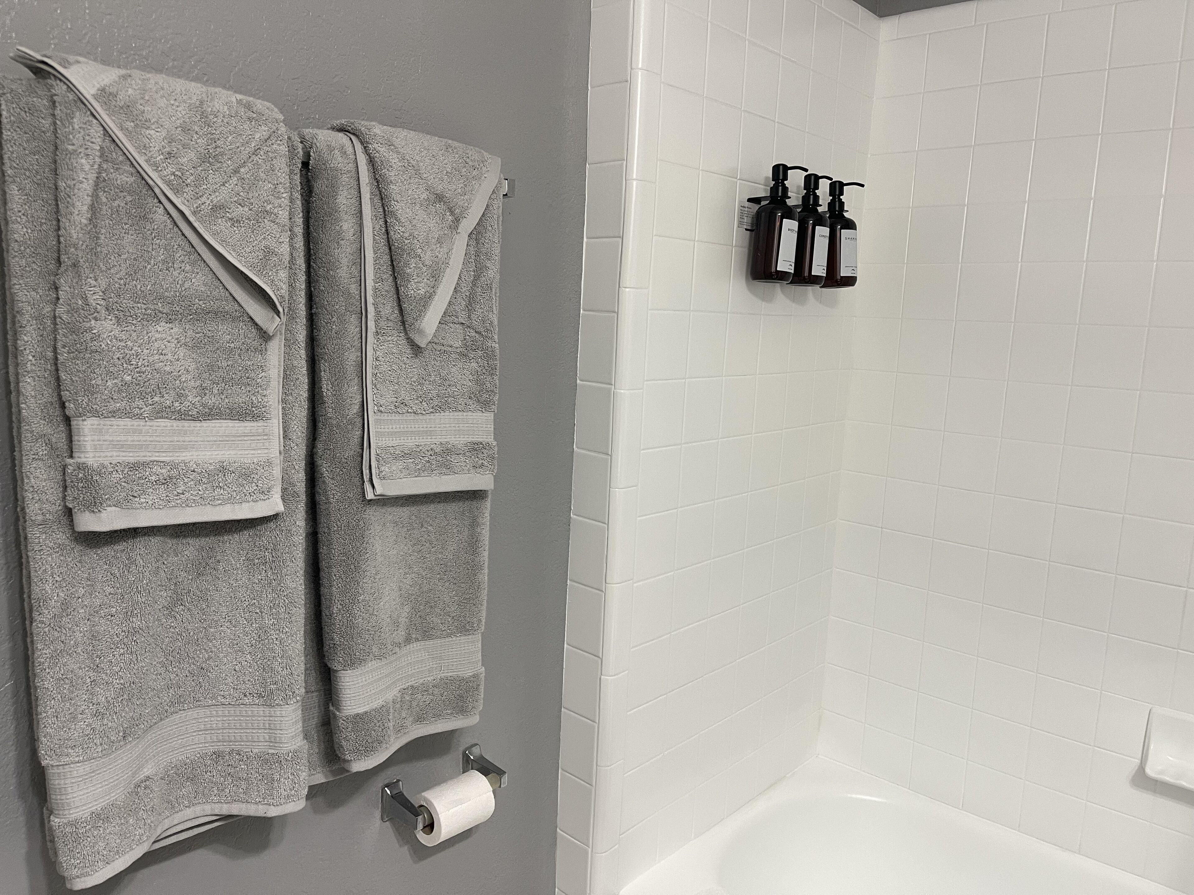 A bathroom with two towels hanging on a rack, a toilet paper holder, and three bottles of toiletries on a wall-mounted shelf.