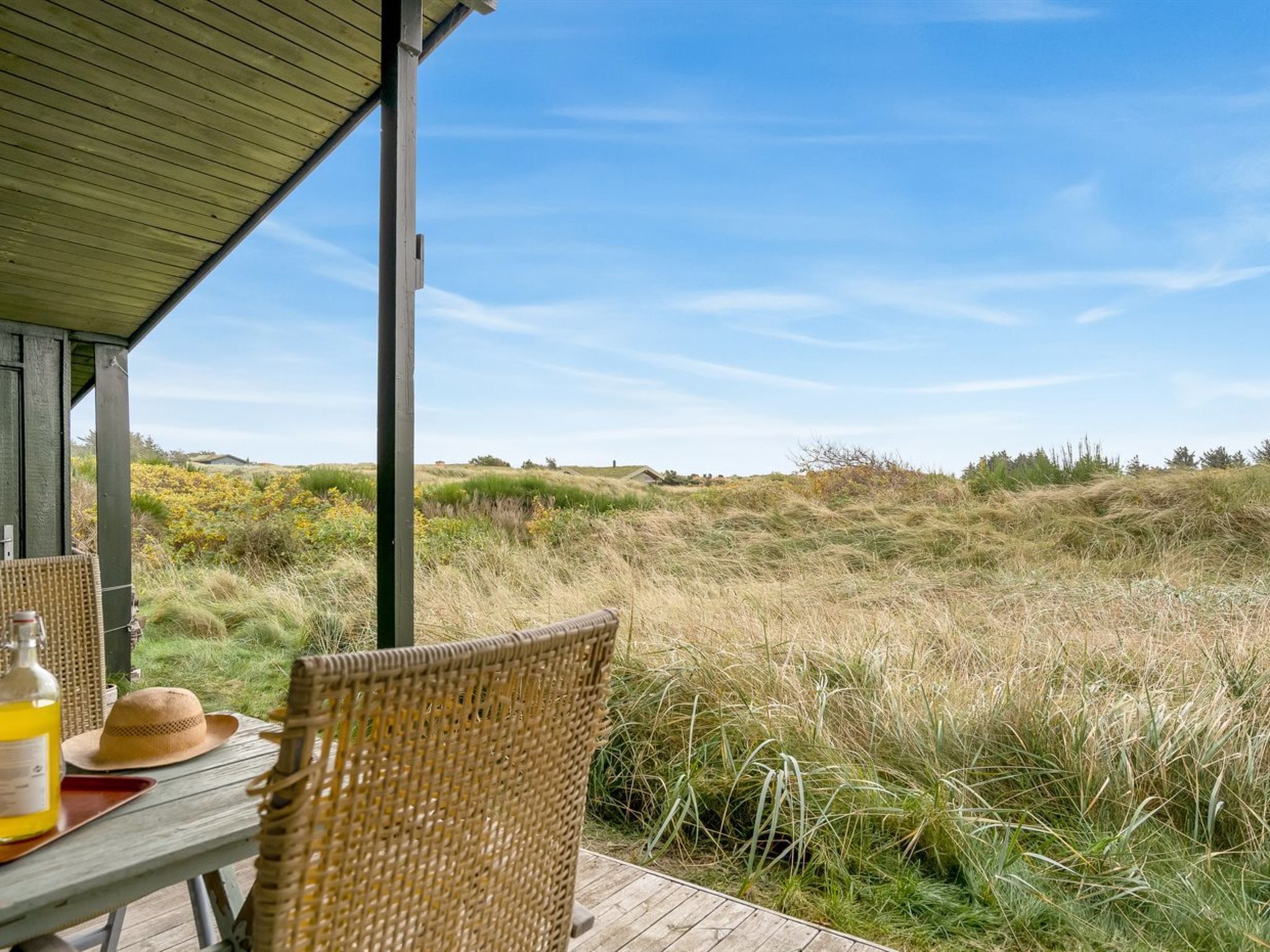 Een overdekt terras met rieten meubilair en een tafel, met uitzicht op een grasrijk landschap.