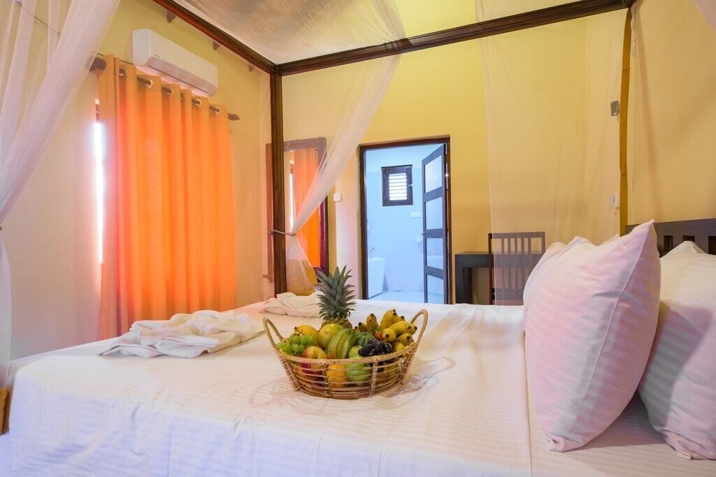 A hotel room with a bed, a fruit basket, and a view of the outside.