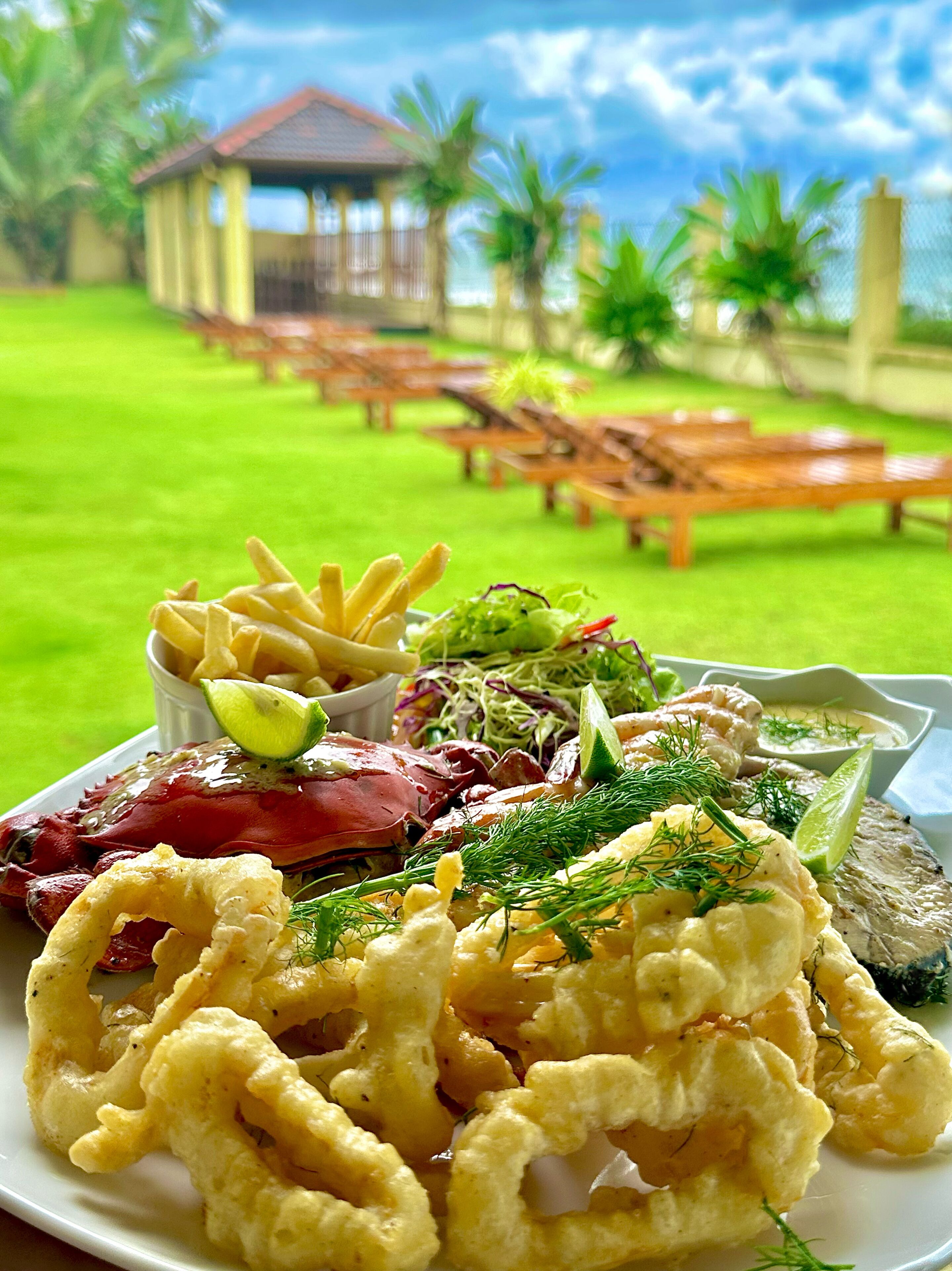 A seafood platter with calamari, shrimp, and crab, accompanied by fries and a salad, set against a backdrop of a grassy lawn and a wooden structure.
