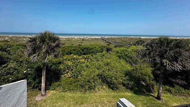 Un paysage côtier avec une promenade en bois menant à la plage, entouré d’une végétation luxuriante et de palmiers.