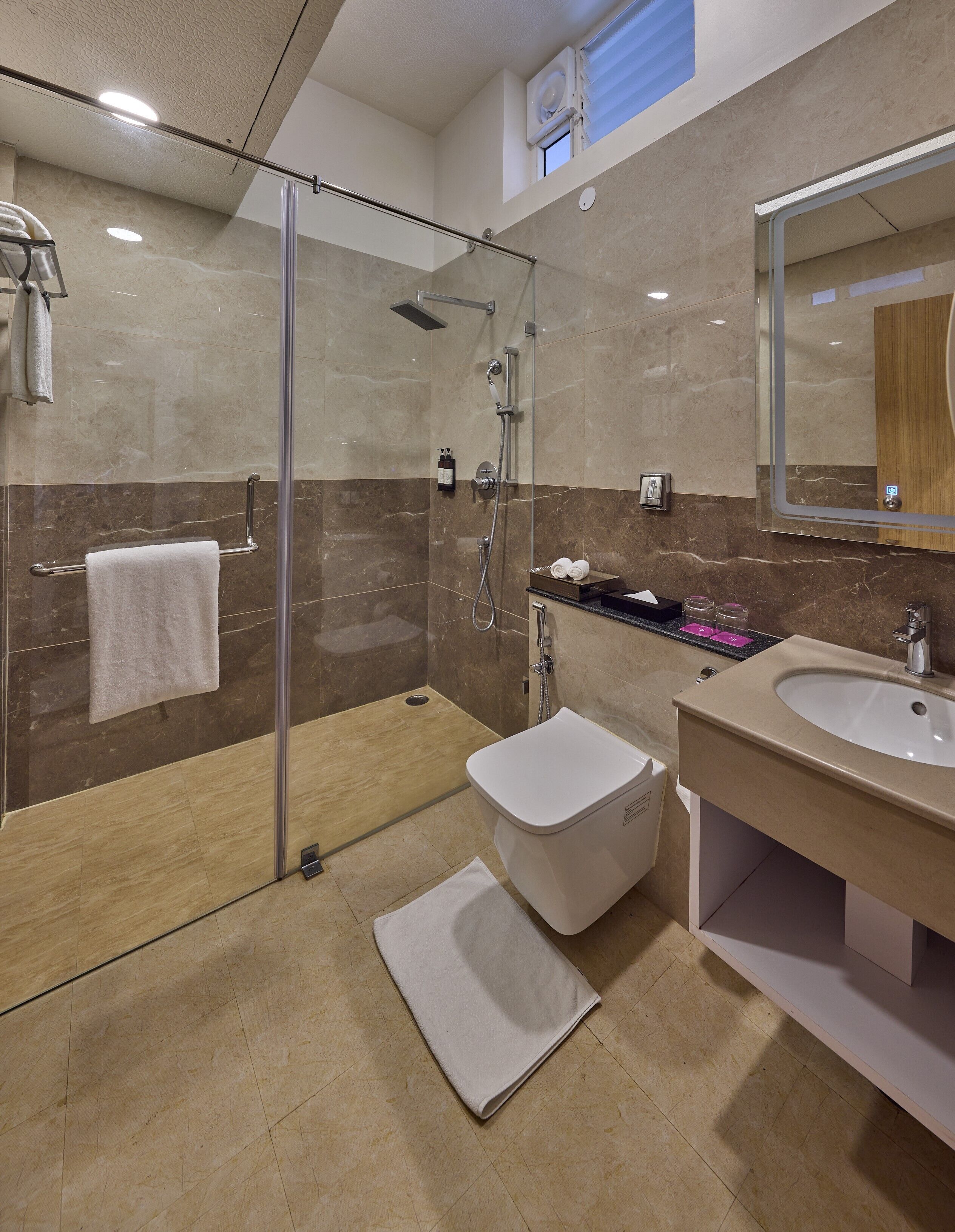 A modern bathroom with a glass-enclosed shower, a bidet, a sink, and a mirror.