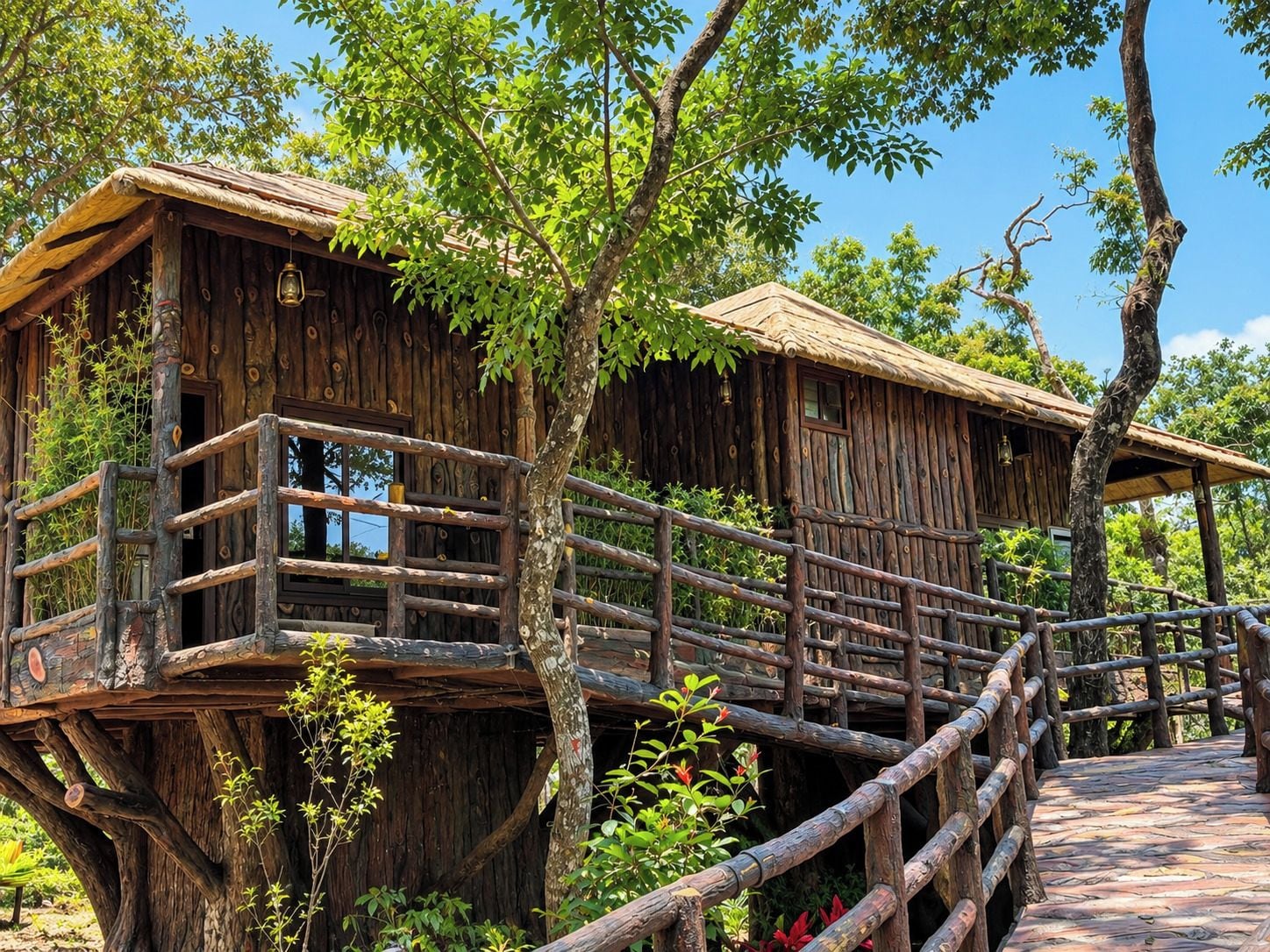 A rustic treehouse with a wooden deck and a railing.