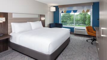 Desk, laptop workspace, blackout drapes, iron/ironing board